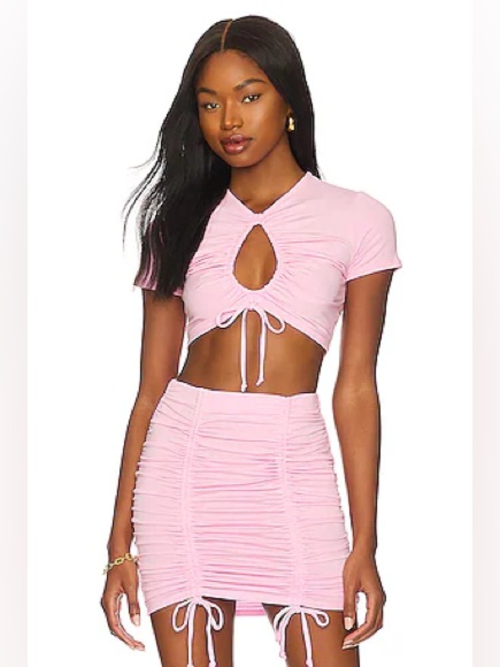 Lovers + Friends Pink Ruched Crop Top & Skirt Set
